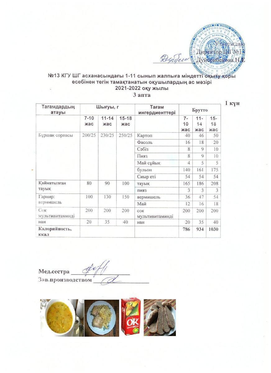 Күнделікті ас мәзірі 3 апта