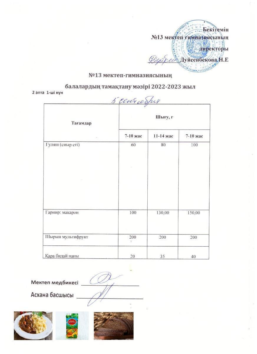 Күнделікті ас мәзірі 2 апта 1 кун