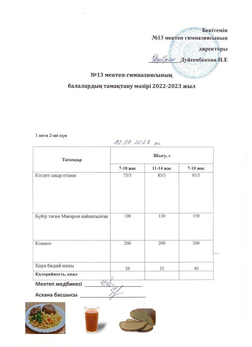 Күнделікті ас мәзірі 1 апта 2 күн 27.09.2022