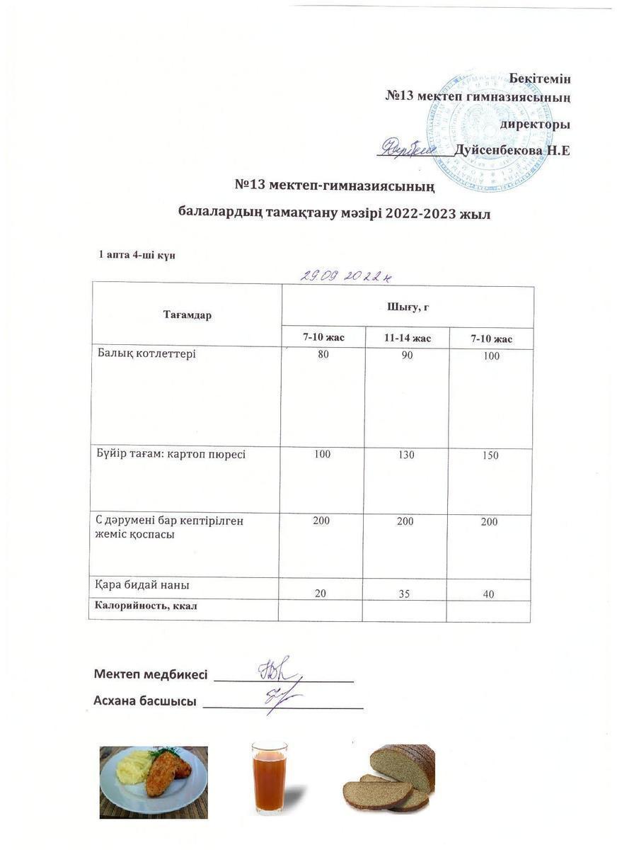 Күнделікті ас мәзірі 1 апта 4 күн 29.09.2022