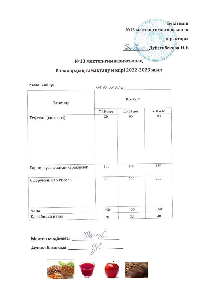 Күнделікті ас мәзірі 2 апта 3 күн 05.10.2022