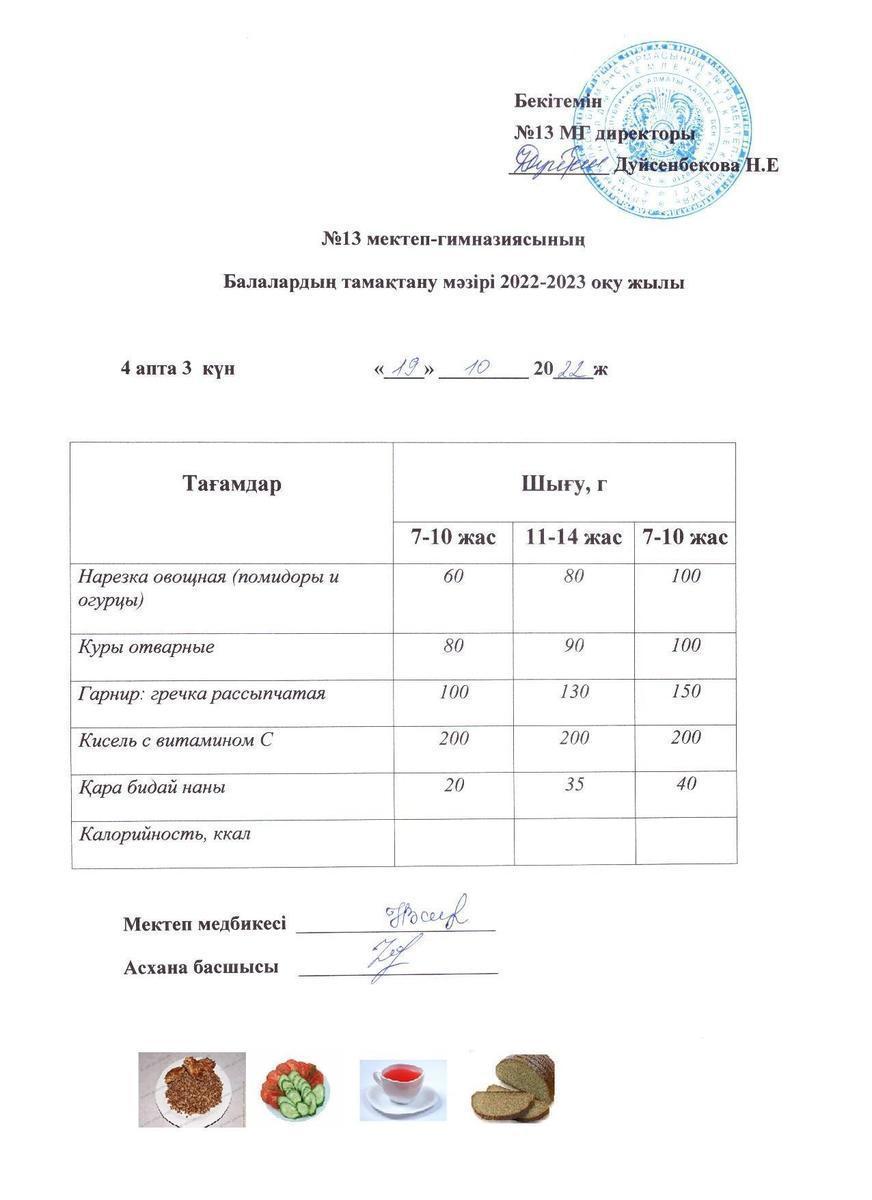 Күнделікті ас мәзірі 4 апта 3 күн 19.10.2022