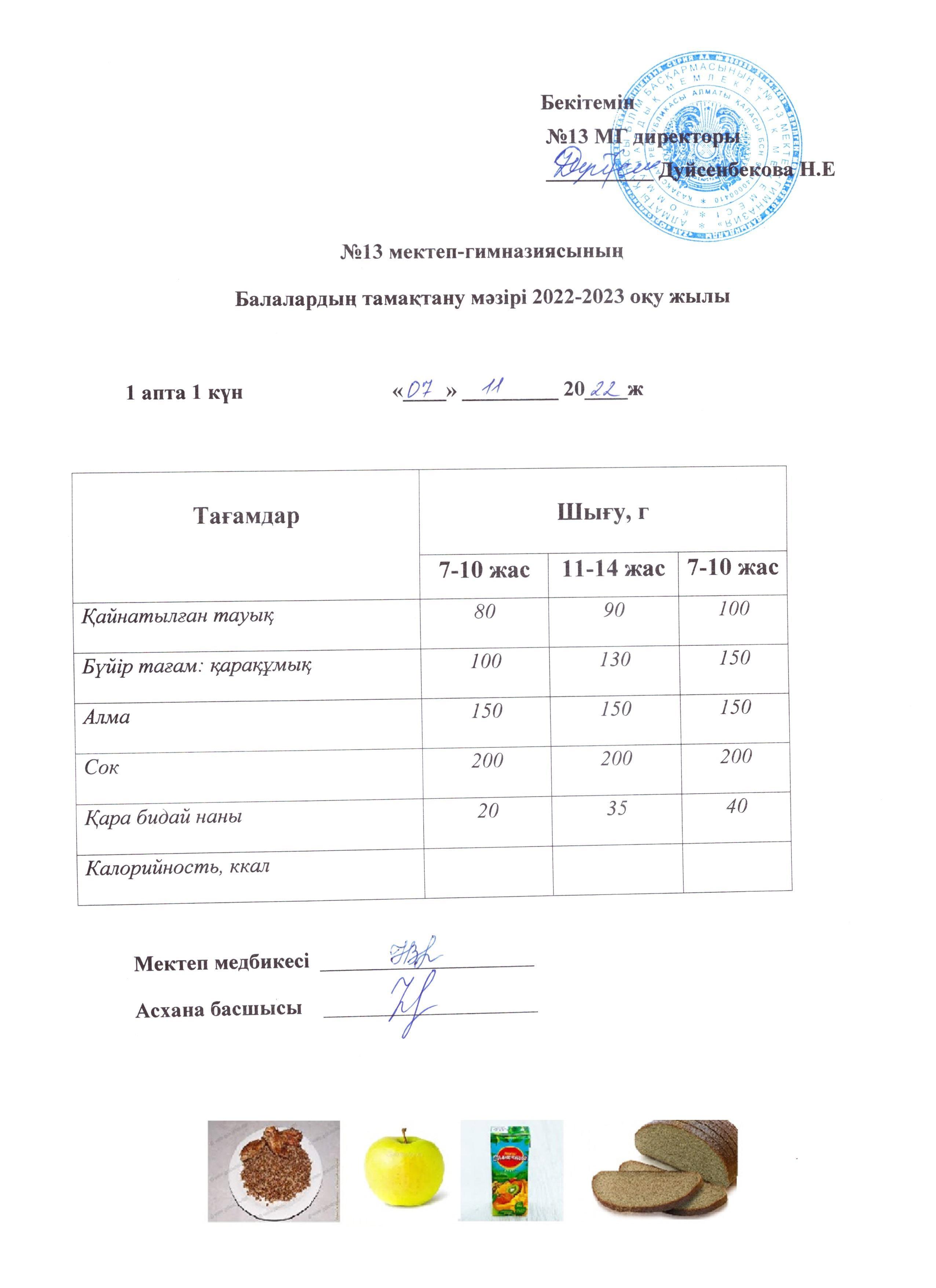 Күнделікті ас мәзірі 1 апта 1 күн 07.11.2022