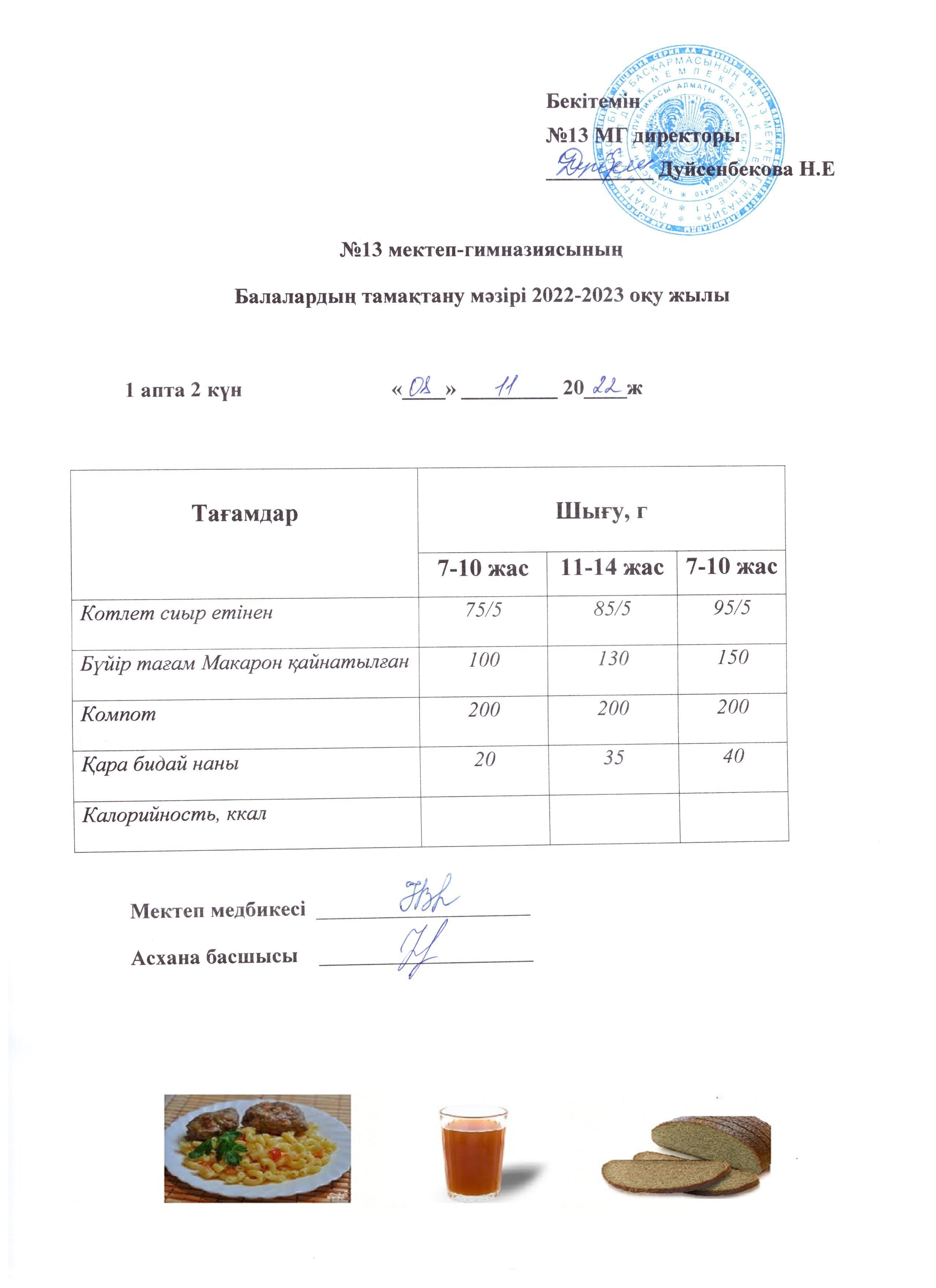 Күнделікті ас мәзірі 1 апта 2 күн 08.11.2022