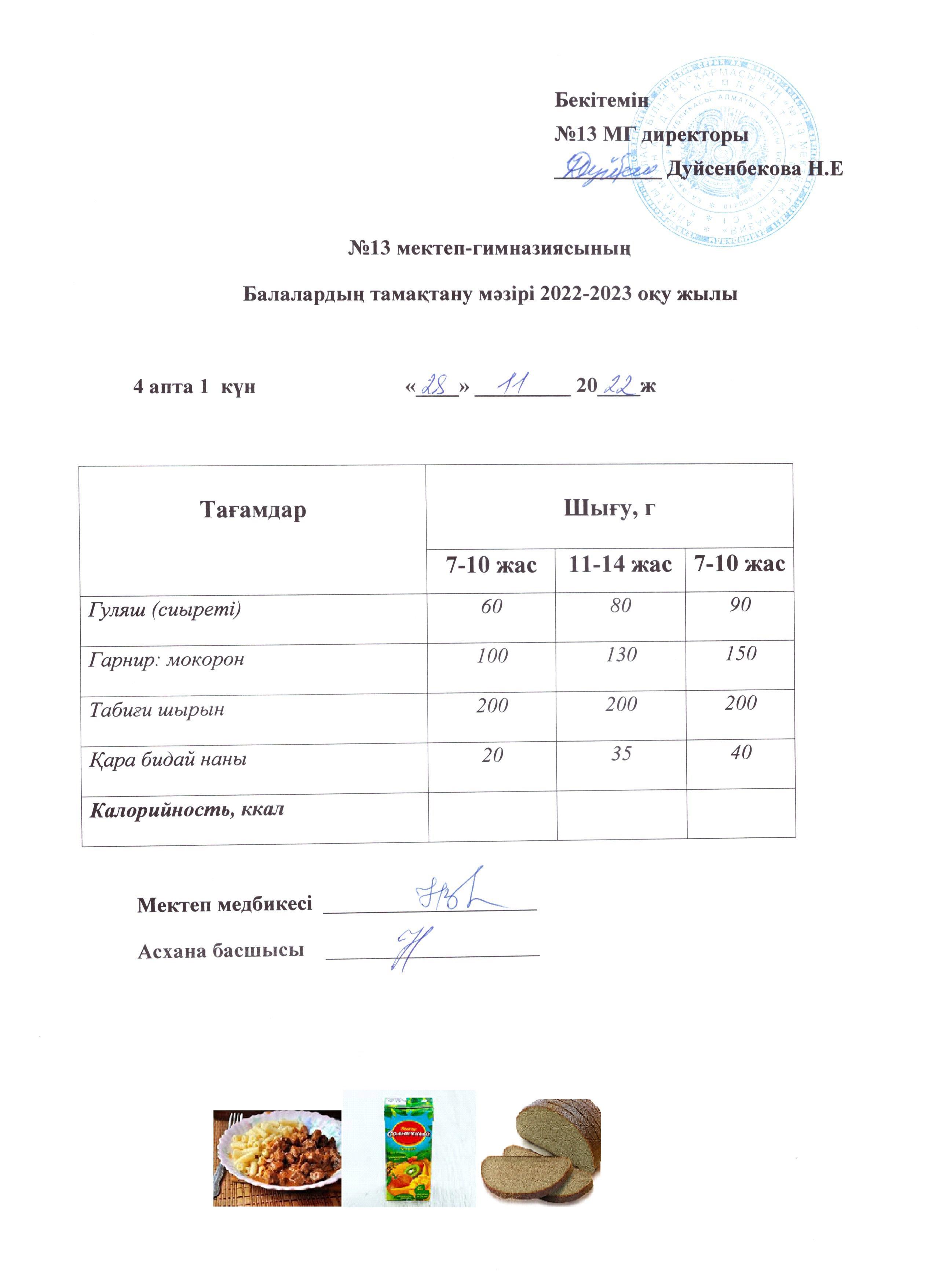 Күнделікті ас мәзірі 4 апта 1 күн 28.11.2022