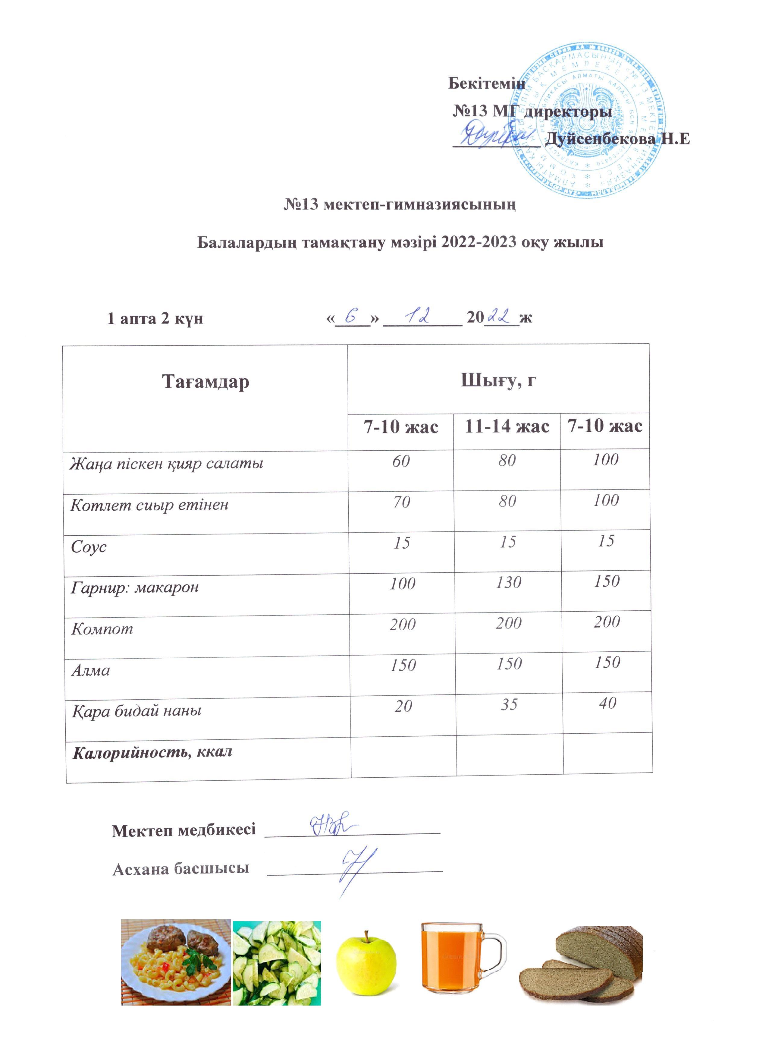 Күнделікті ас мәзірі 1 апта 2 күн 06.12.2022