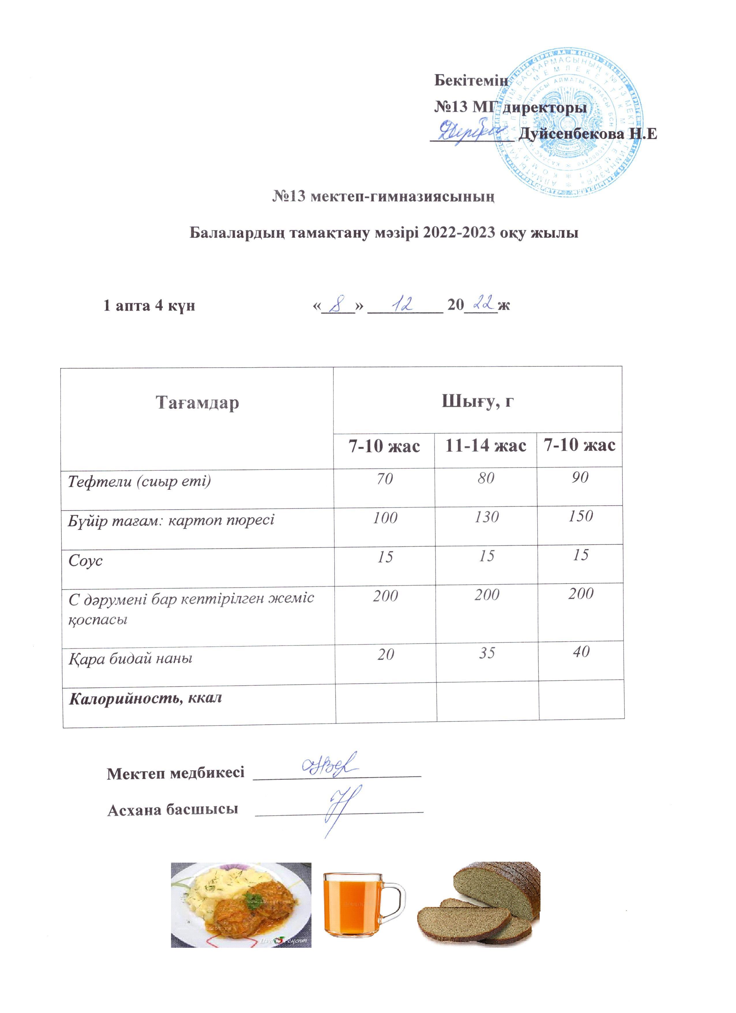 Күнделікті ас мәзірі 1 апта 4 күн 08.12.2022