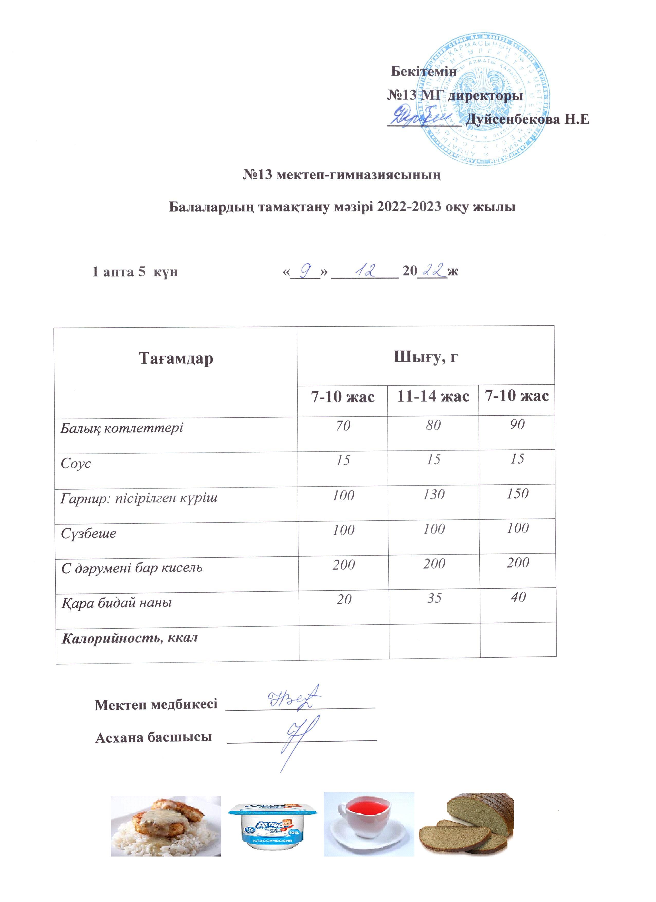 Күнделікті ас мәзірі 1 апта 5 күн 09.12.2022