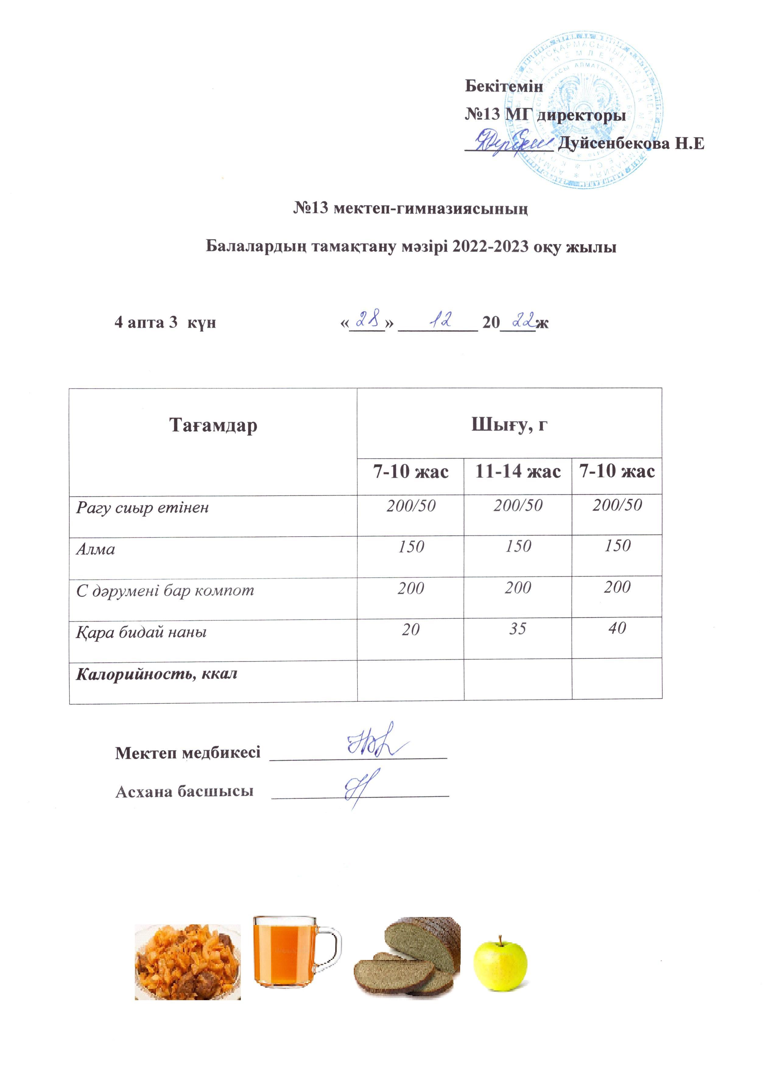 Күнделікті ас мәзірі 4 апта 3 күн 28.12.2022