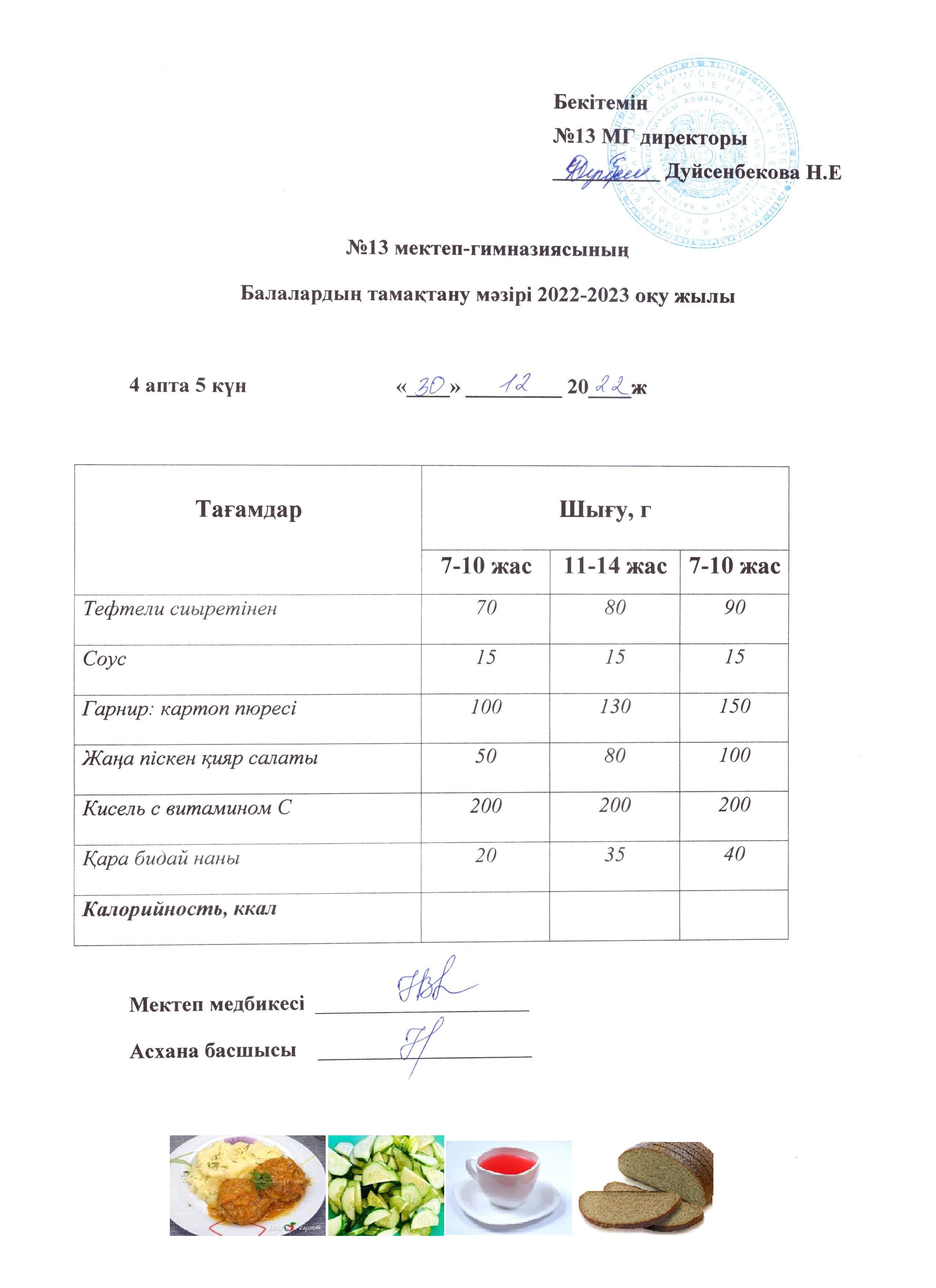 Күнделікті ас мәзірі 4 апта 5 күн 30.12.2022