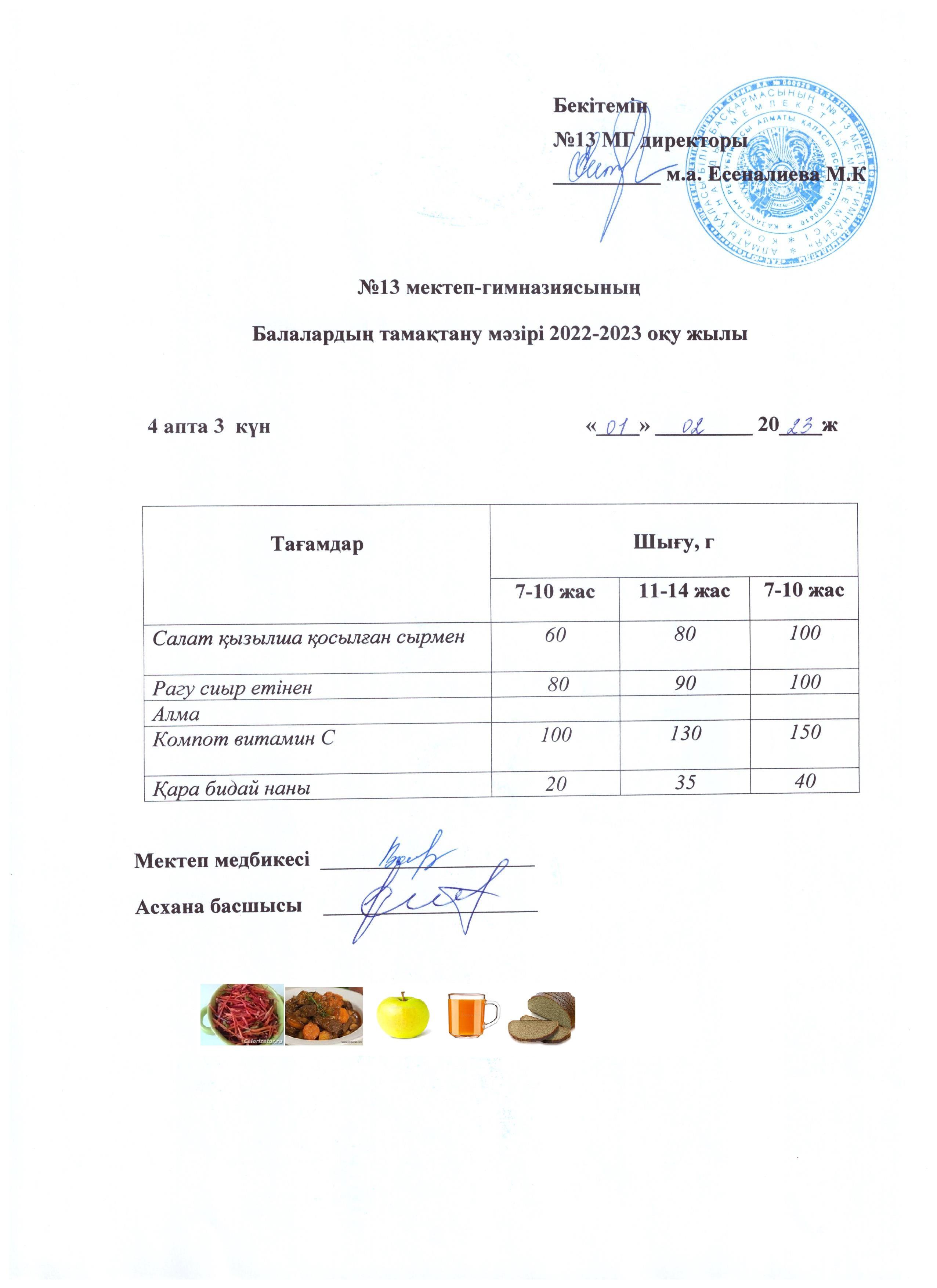Күнделікті ас мәзірі 4 апта 3  күн 1.02.2023