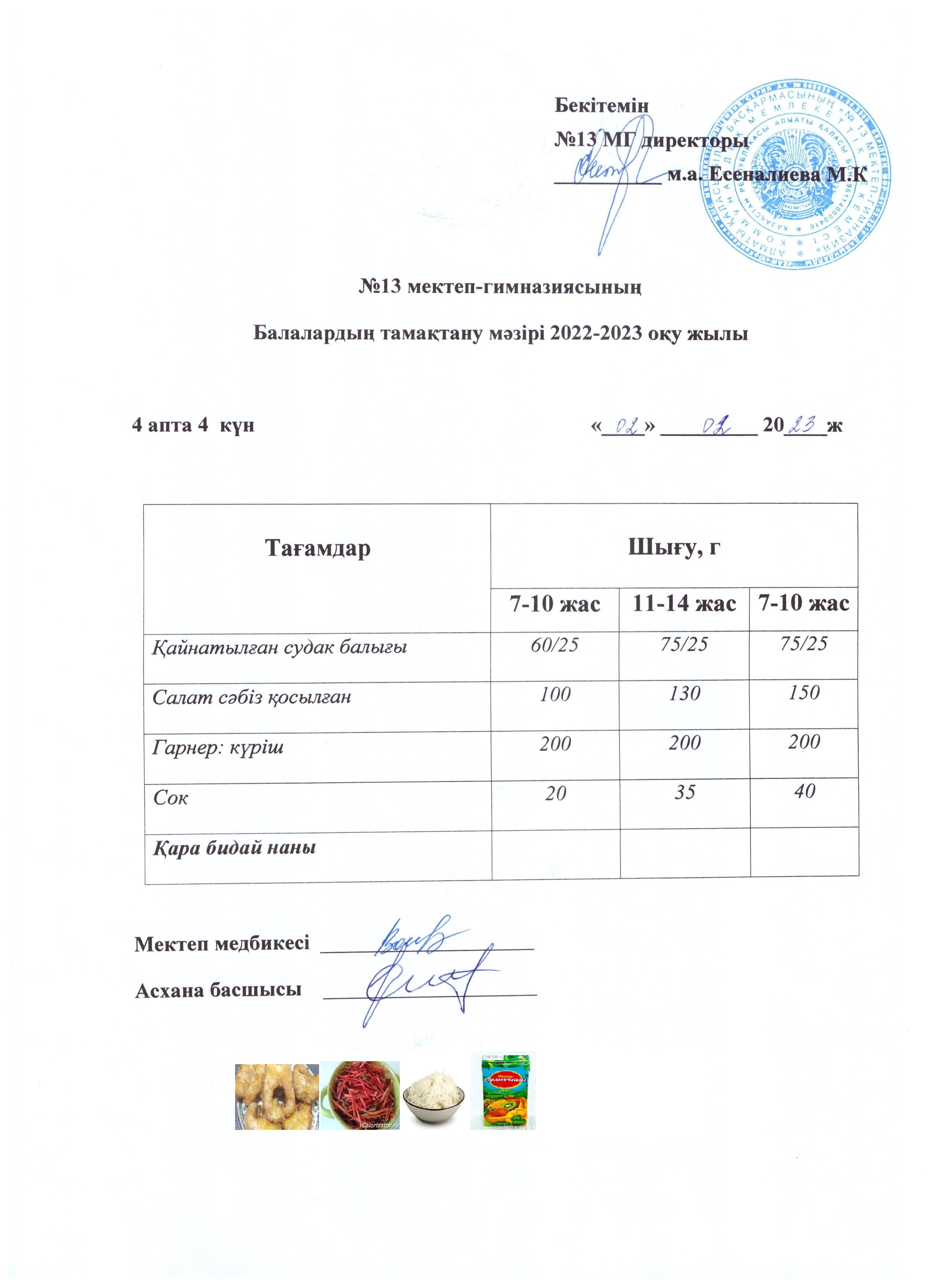 Күнделікті ас мәзірі 4 апта 4  күн 2.02.2023