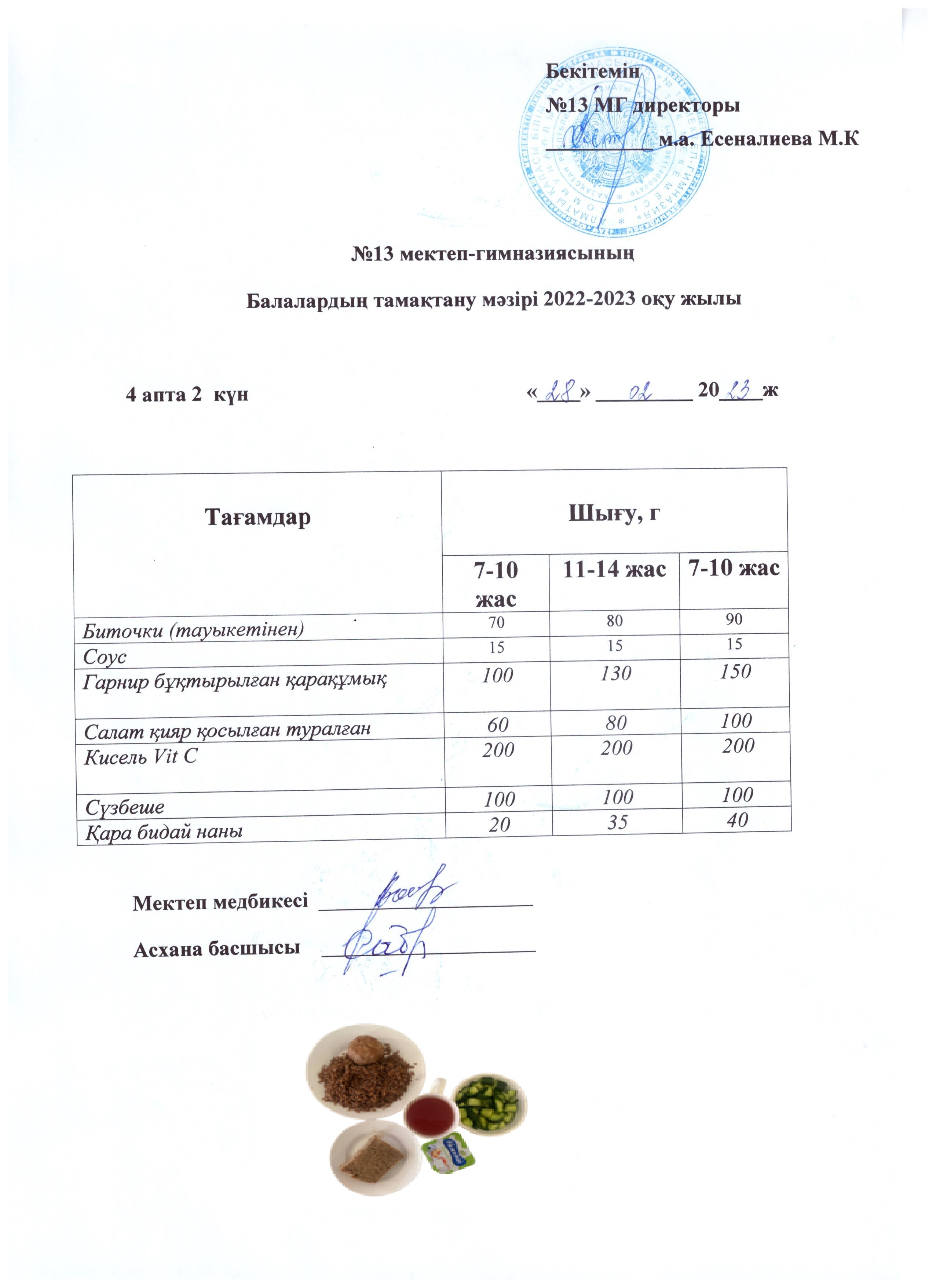 Күнделікті ас мәзірі 4 апта 2 күн 28.02.2023