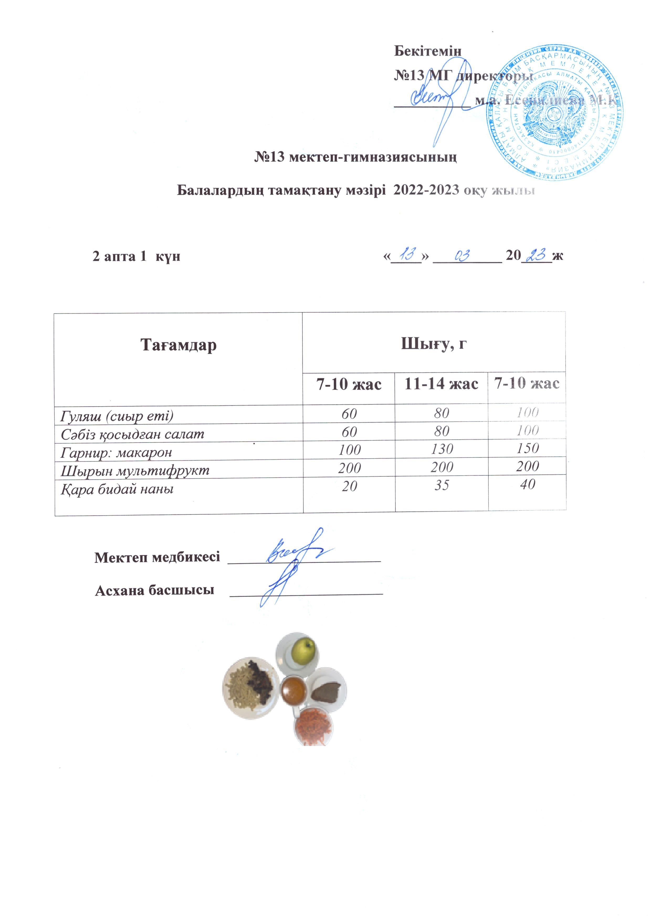 Күнделікті ас мәзірі 2 апта 1 күн 13.03.2023
