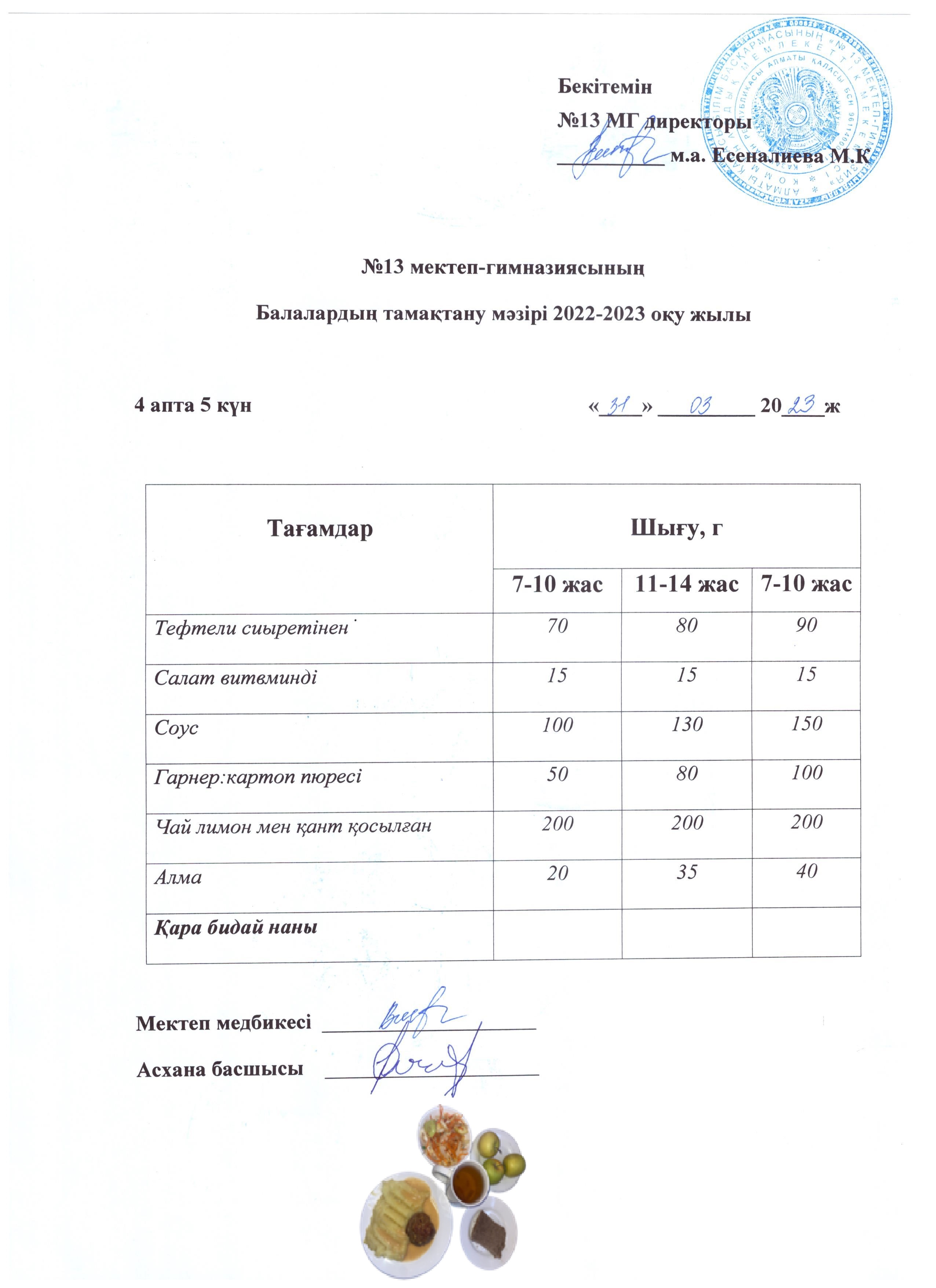 Күнделікті ас мәзірі 4 апта 5 күн 31.03.2023