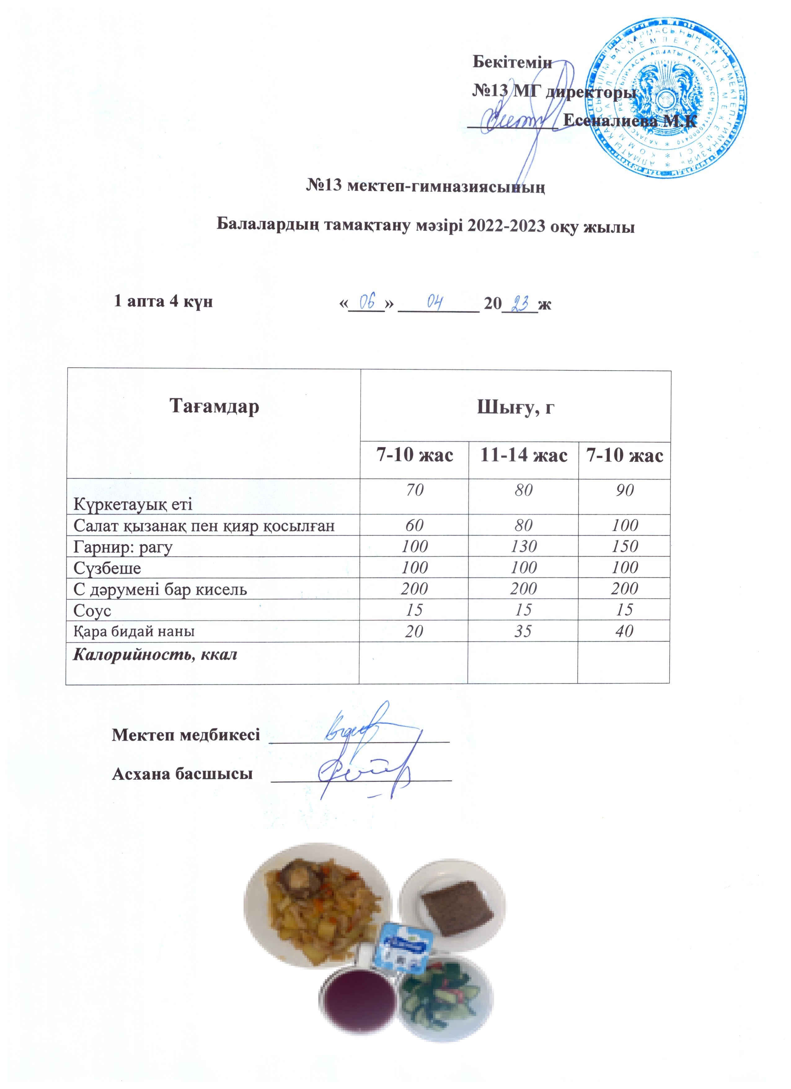 Күнделікті ас мәзірі 1 апта 4 күн 6.04.2023