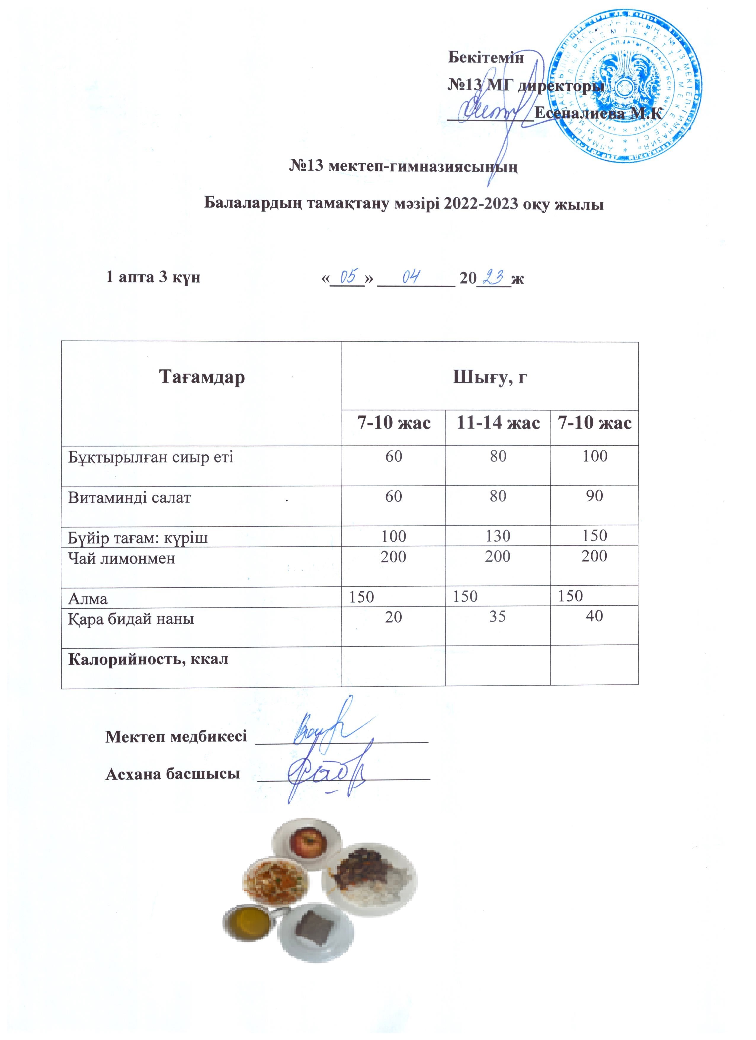 Күнделікті ас мәзірі 1 апта  3 күн 5.04.2023