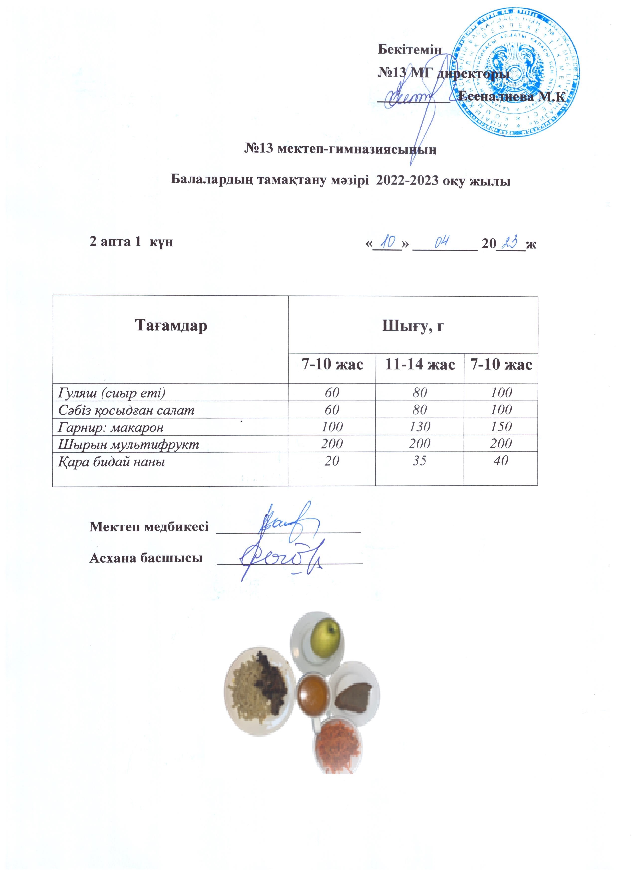 Күнделікті ас мәзірі 2 апта 1 күн 10.04.2023