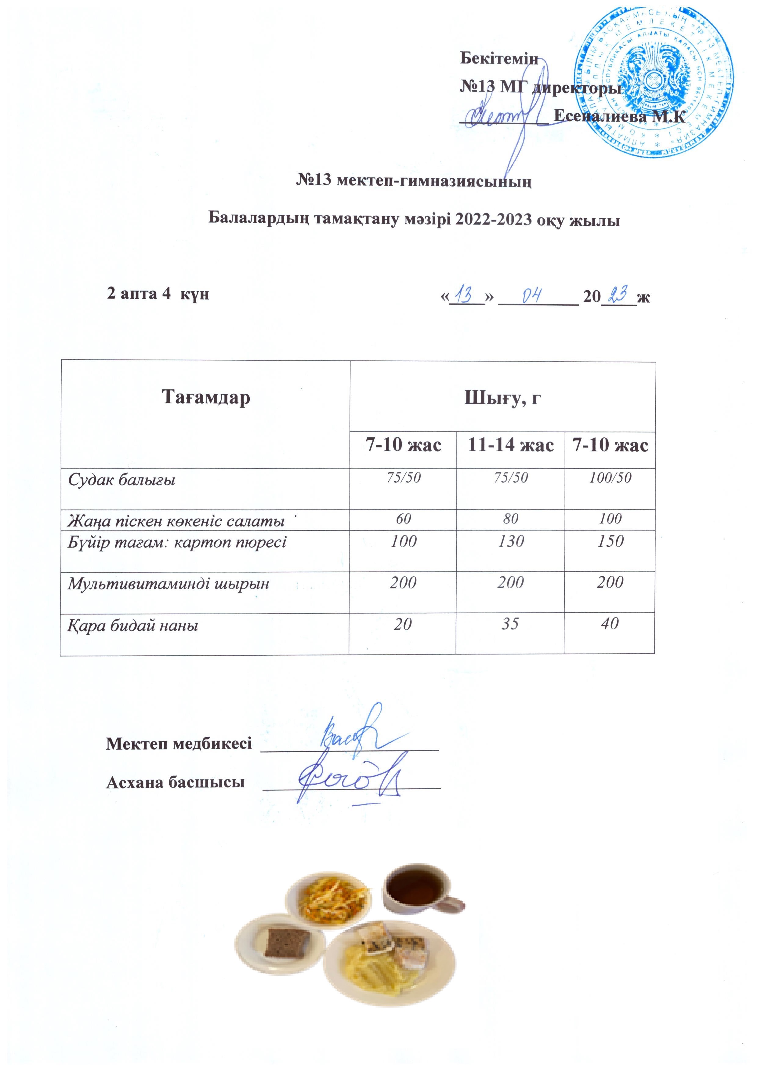 Күнделікті ас мәзірі 2 апта 4 күн 13.04.2023