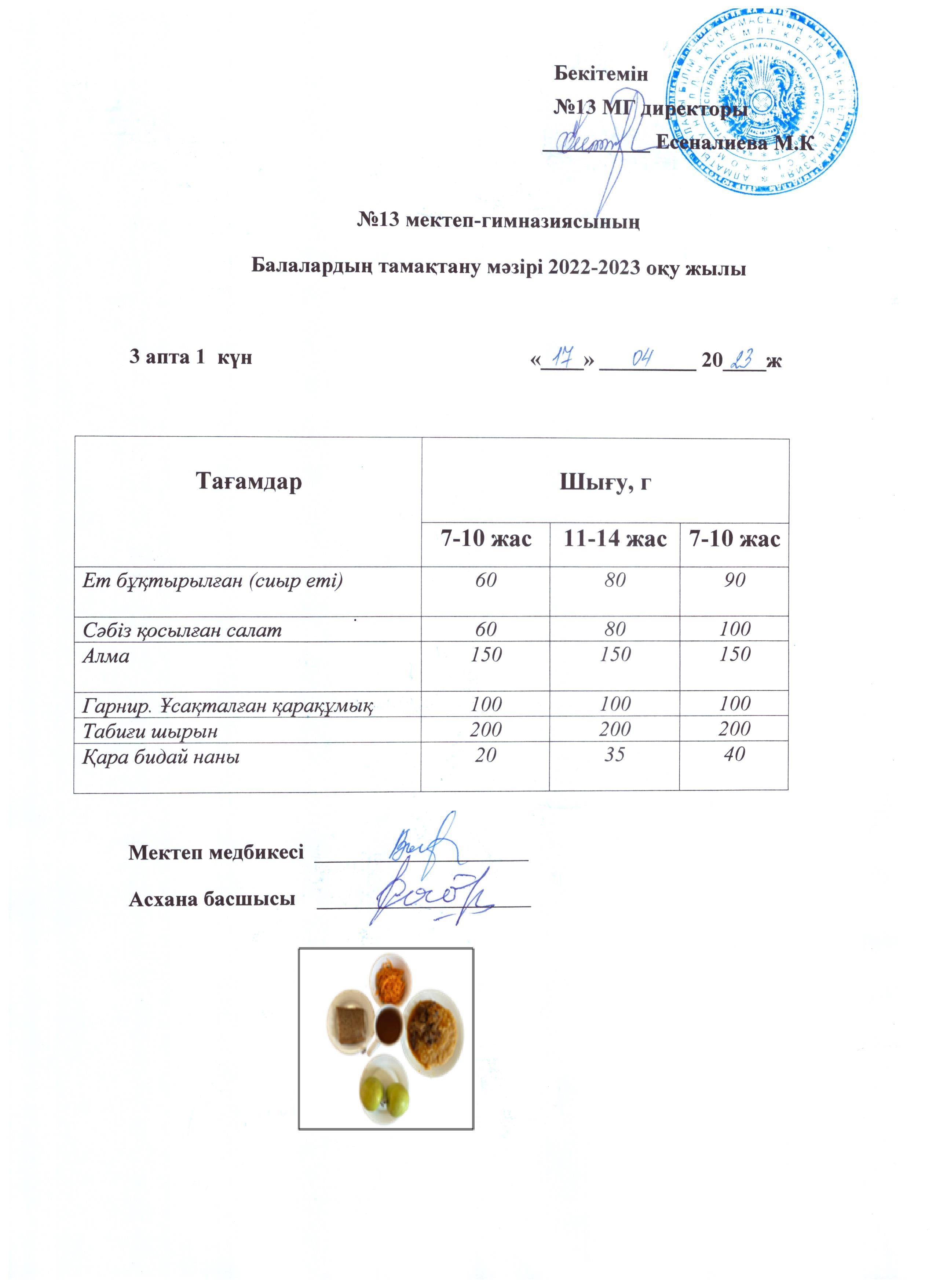 Күнделікті ас мәзірі 3 апта 1 күн 17.04.2023