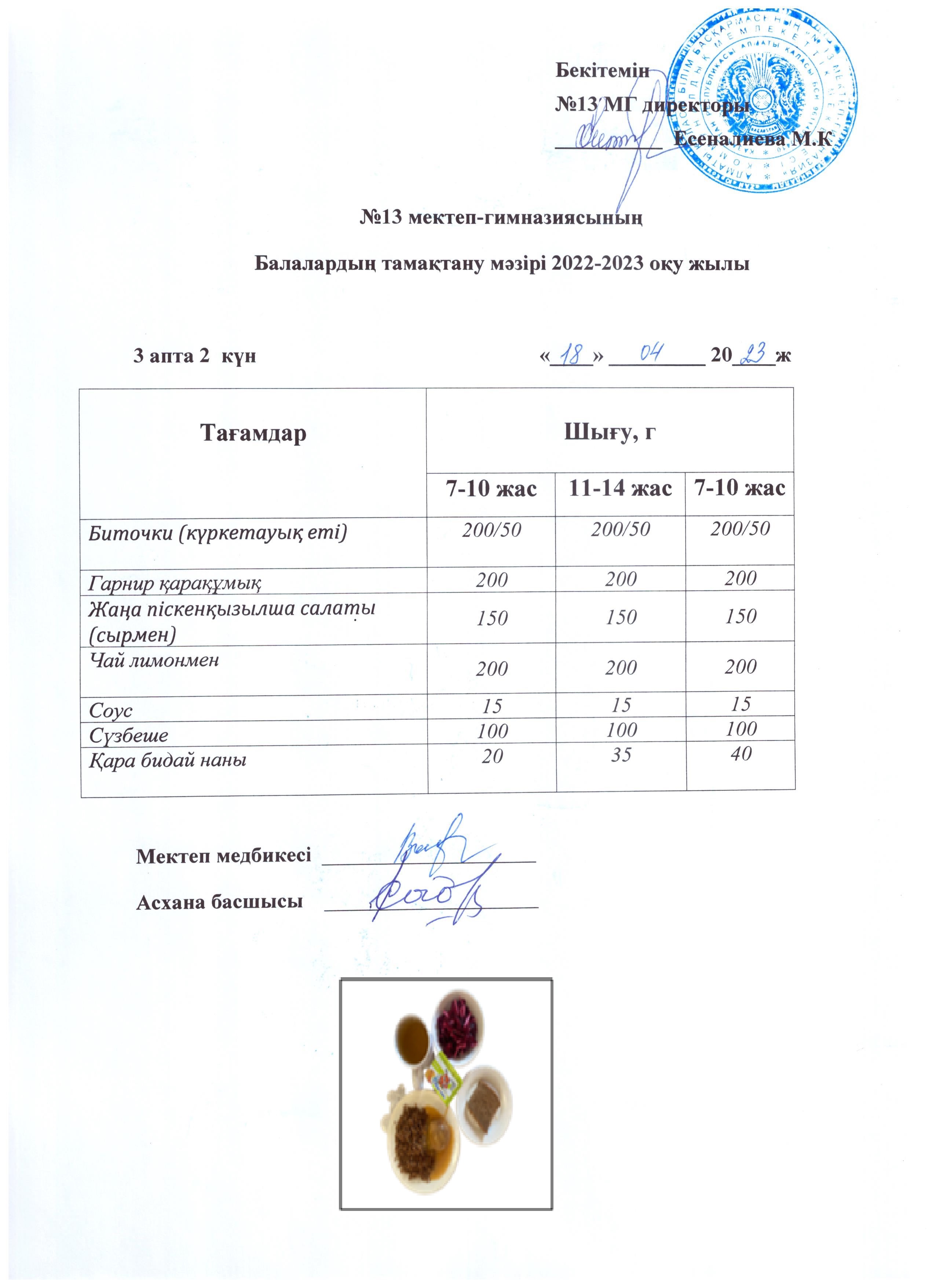 Күнделікті ас мәзірі 3 апта 2 күн 18.04.2023