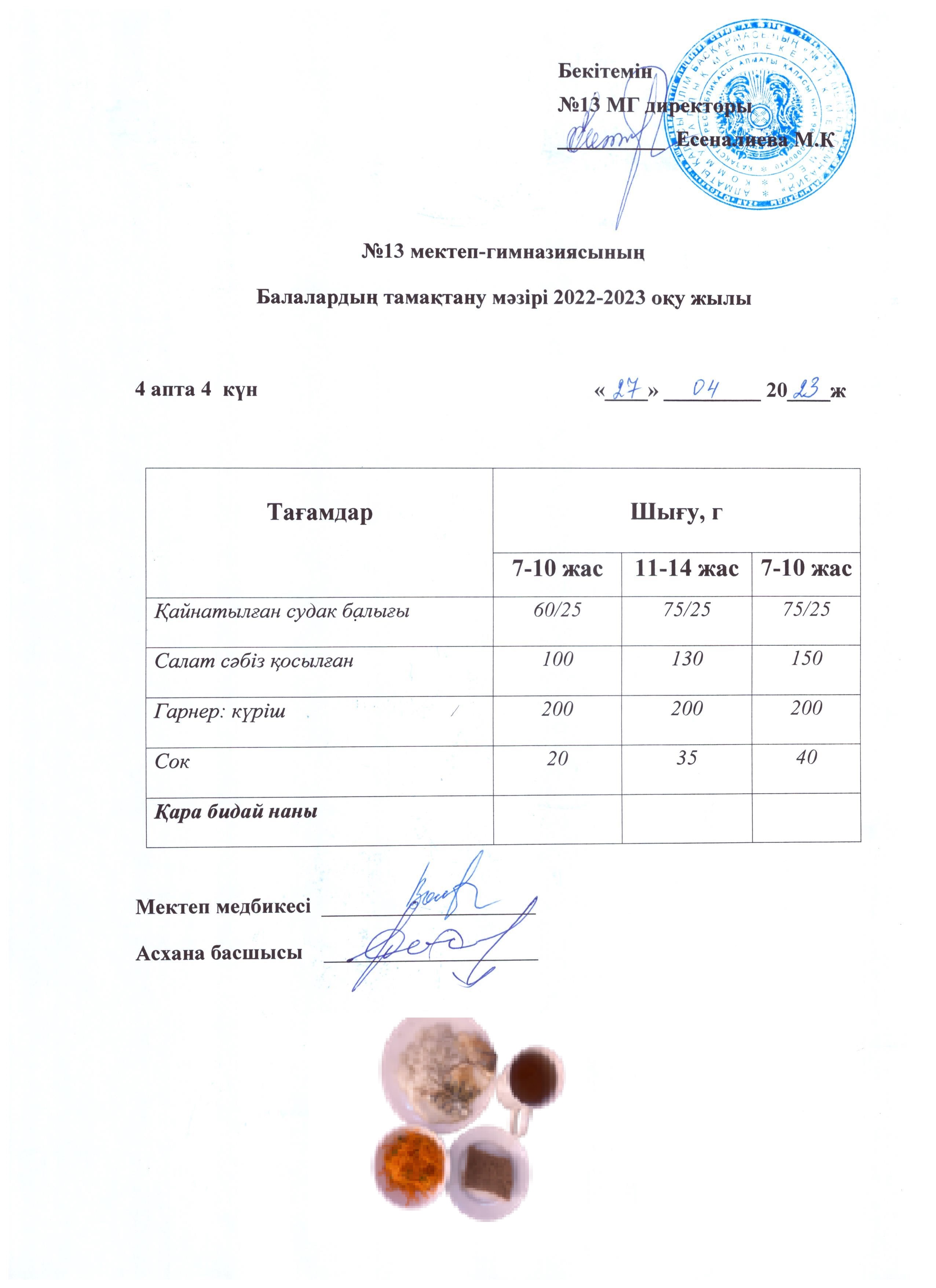 Күнделікті ас мәзірі 4 апта 5 күн 27.04.2023