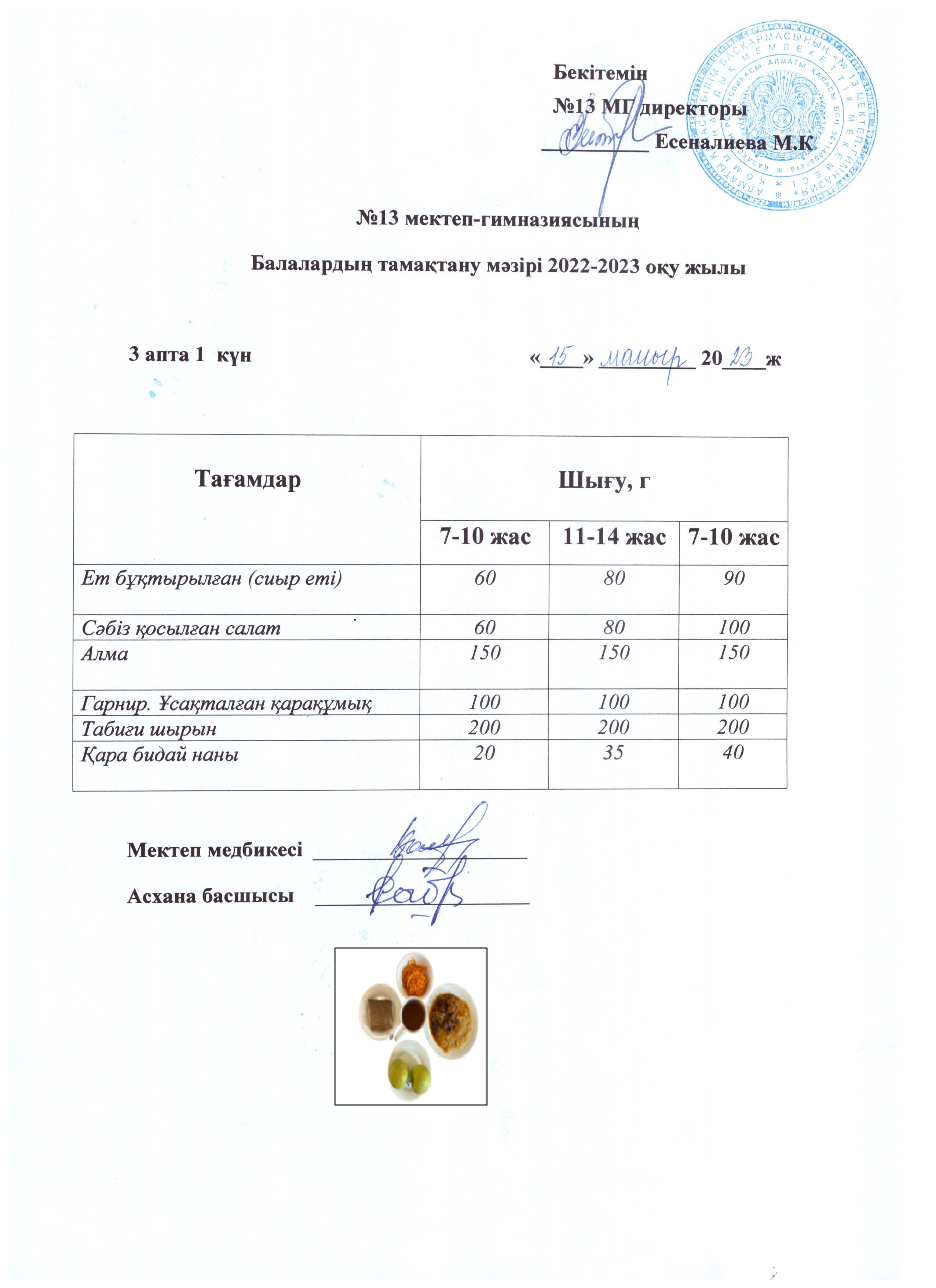 Күнделікті ас мәзірі 3 апта 1 күн 15.05.2023