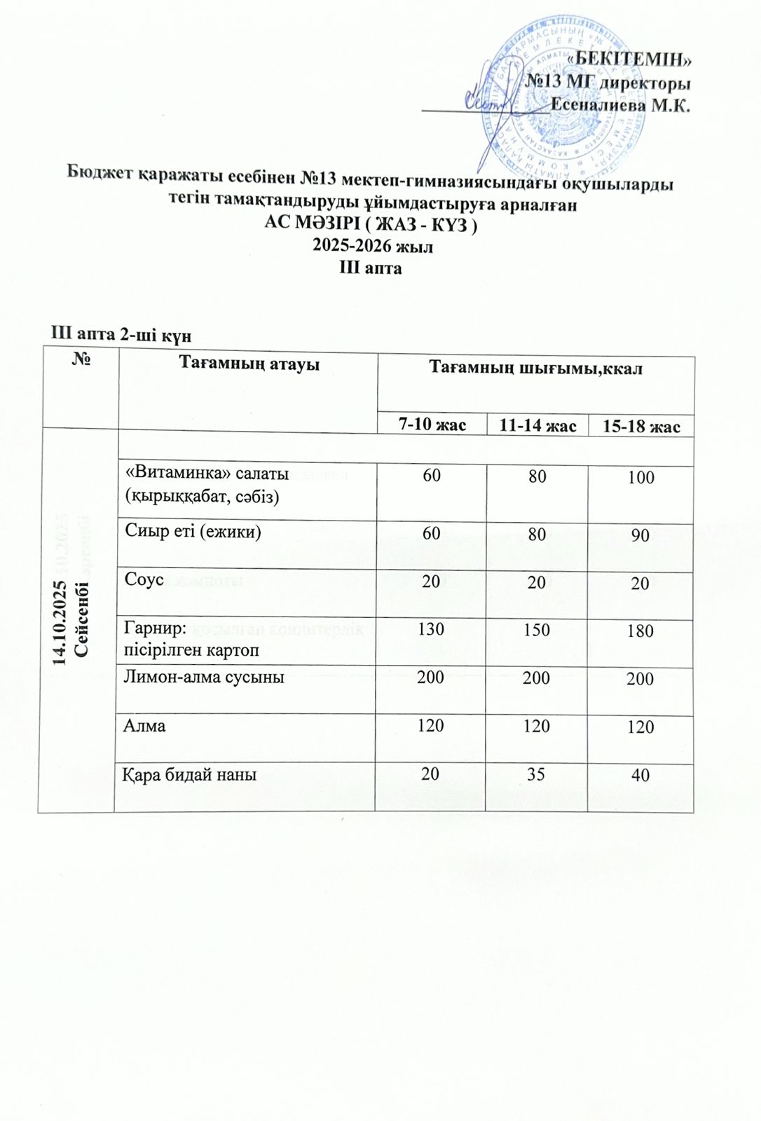 Ас мәзірі 14.10.2025