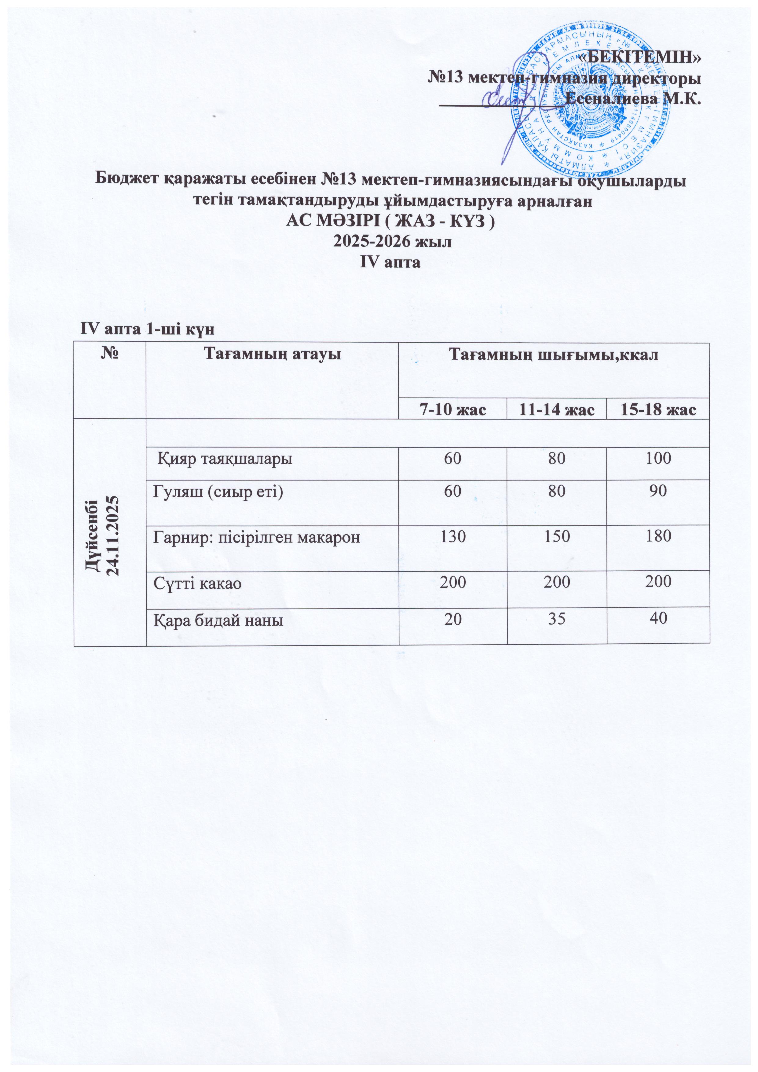 Ас мәзірі 24.11.2025