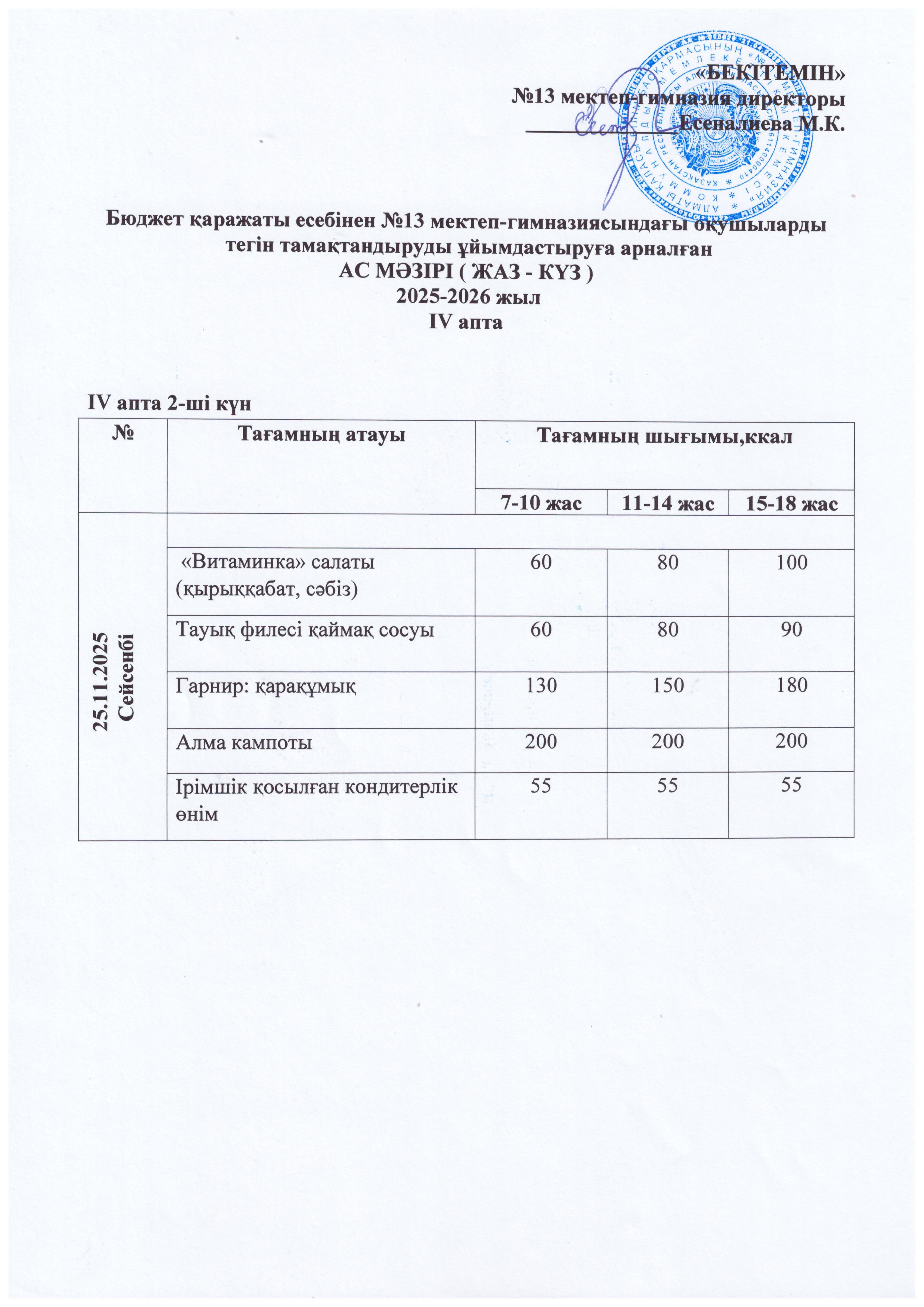 Ас мәзірі 25.11.2025