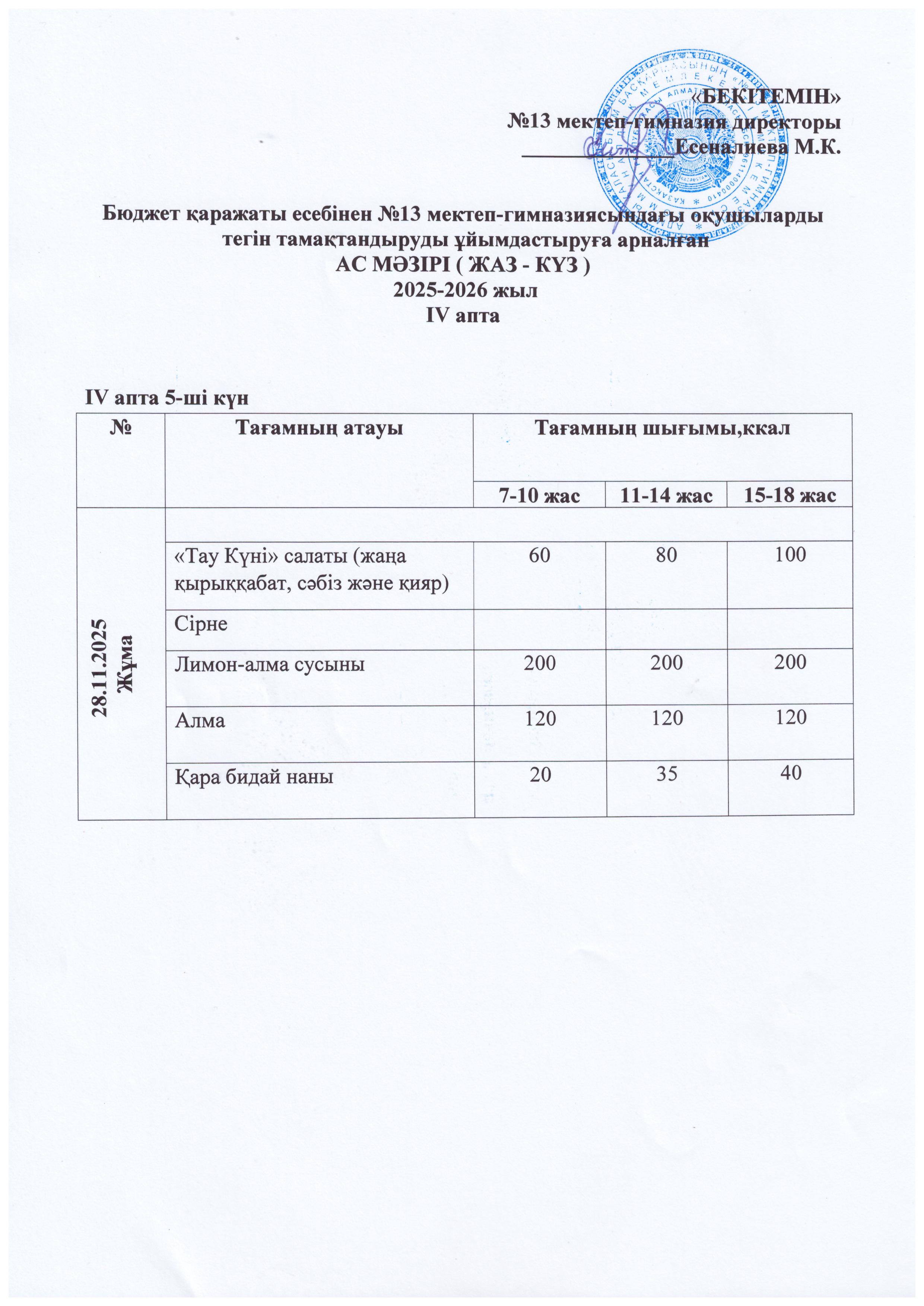Ас мәзірі 28.11.2025