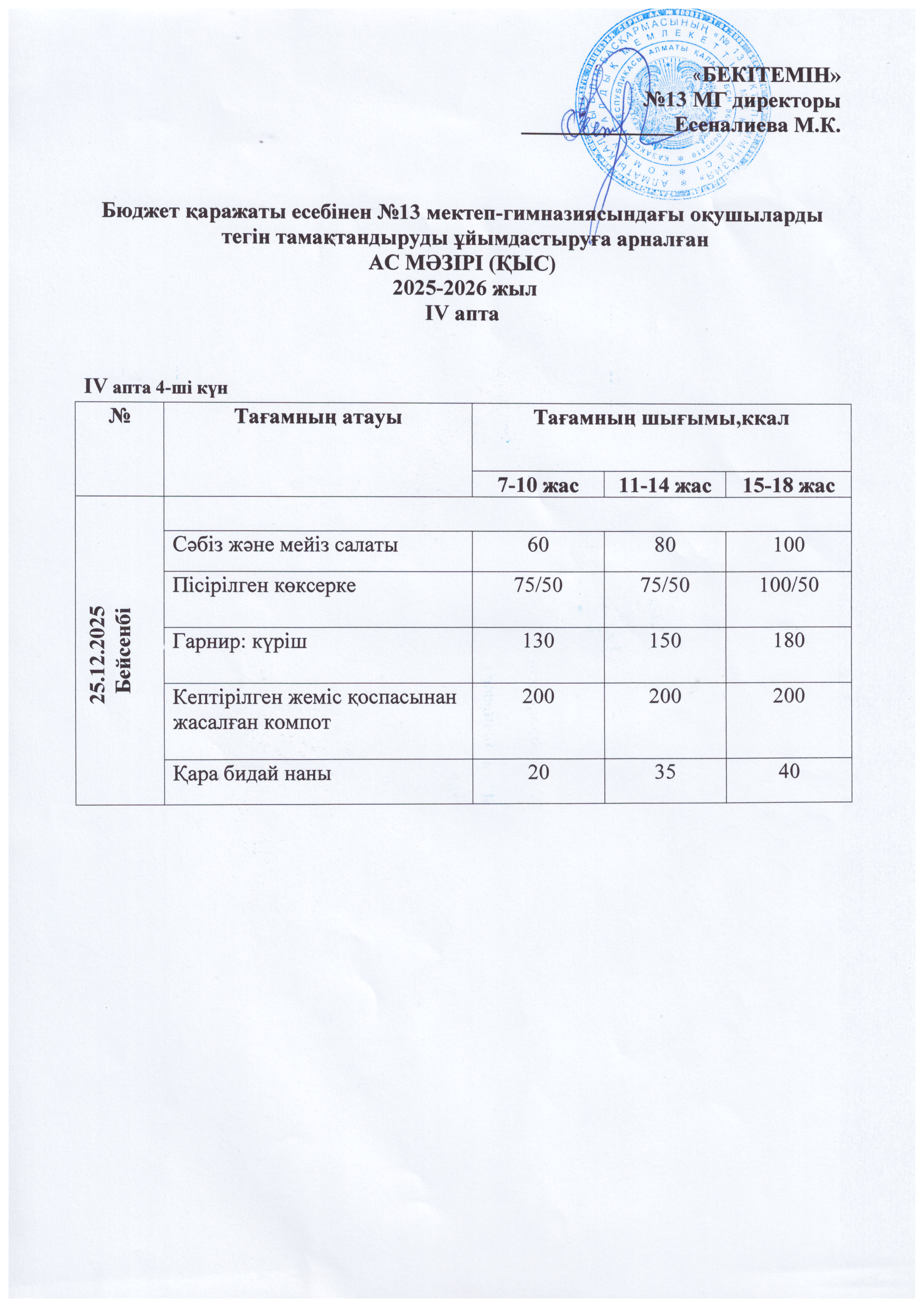 Ас мәзірі 25.12.2025