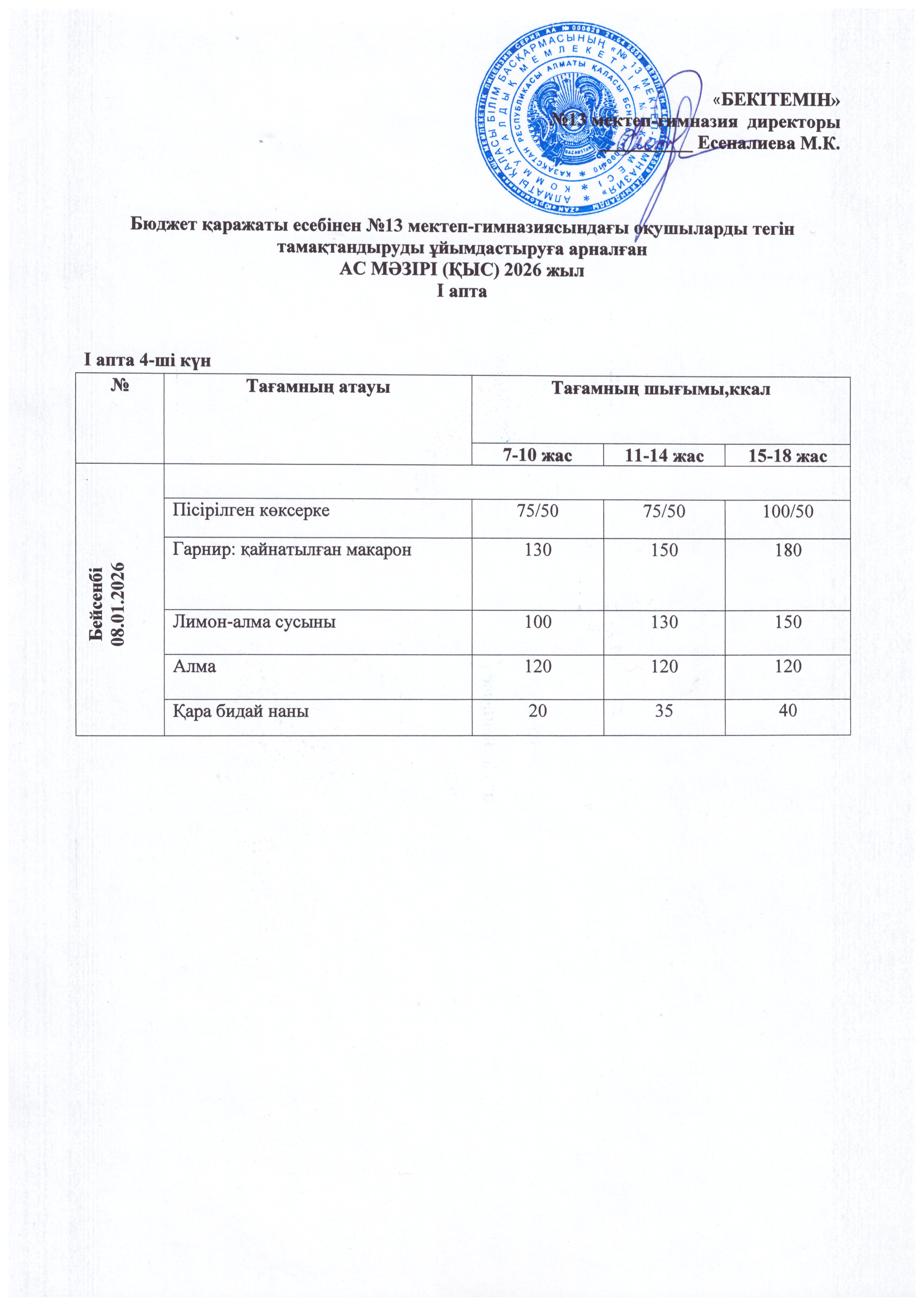 Ас мәзірі 08.01.2026