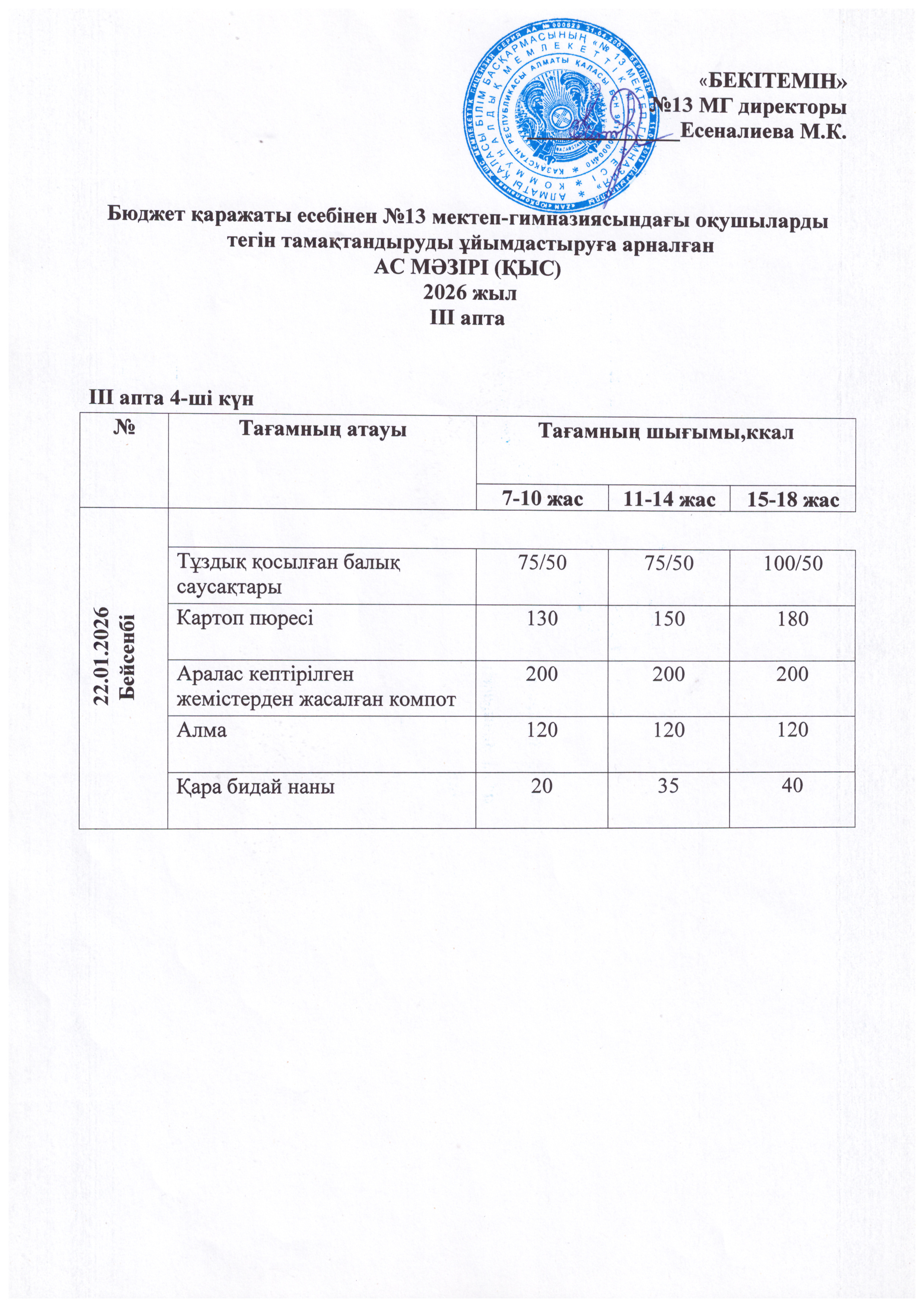 Ас мәзірі 22.01.2026