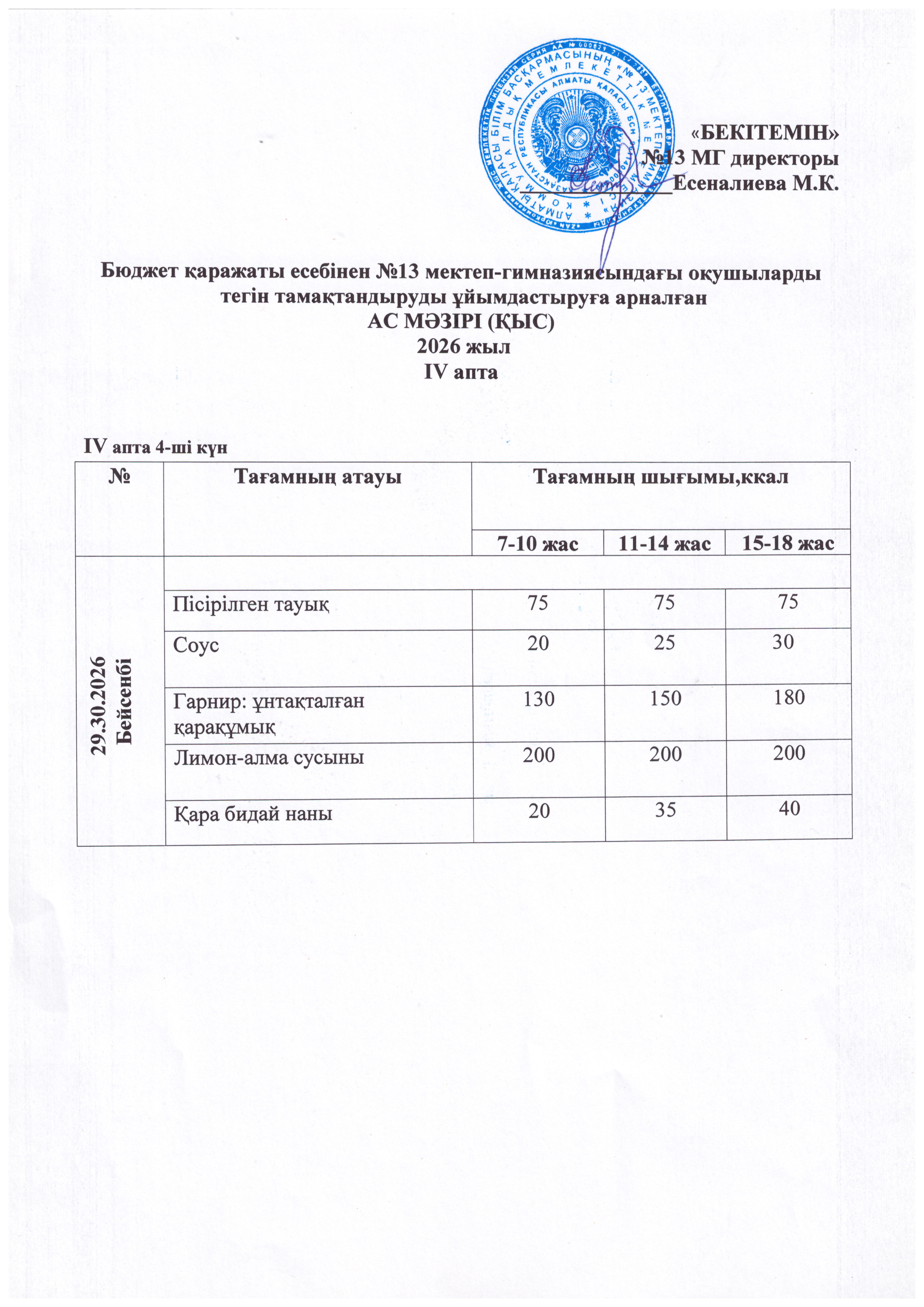 Ас мәзірі 29.01.2026