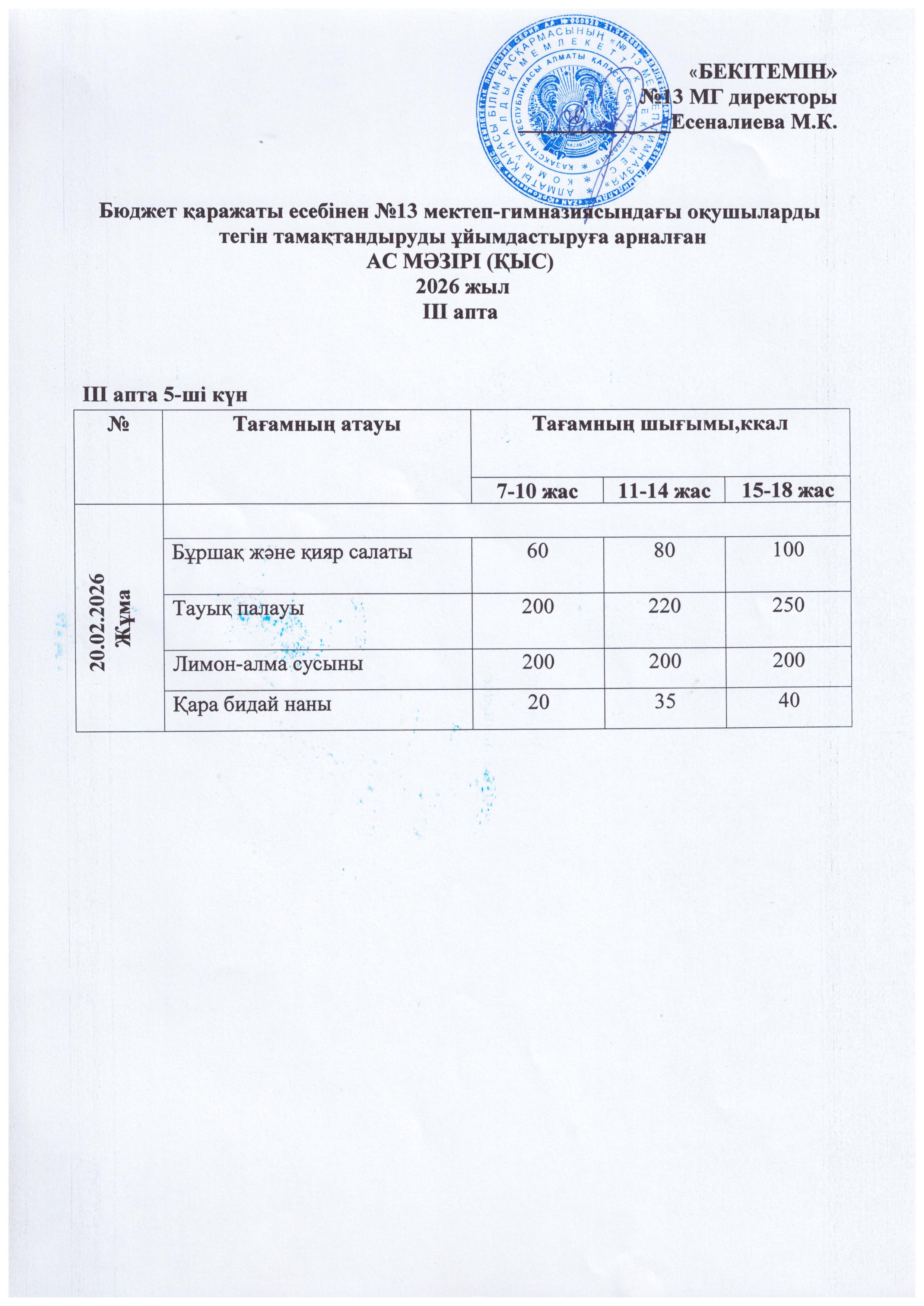 Ас мәзірі 20.02.2026